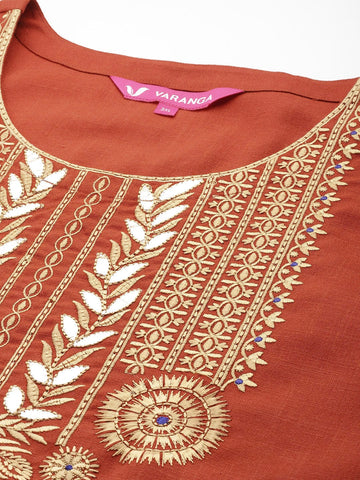 Varanga Women Plus Size Rust Yoke Embroidered Straight Kurta Paired With Tonal Bottom And Contrast Printed Dupatta